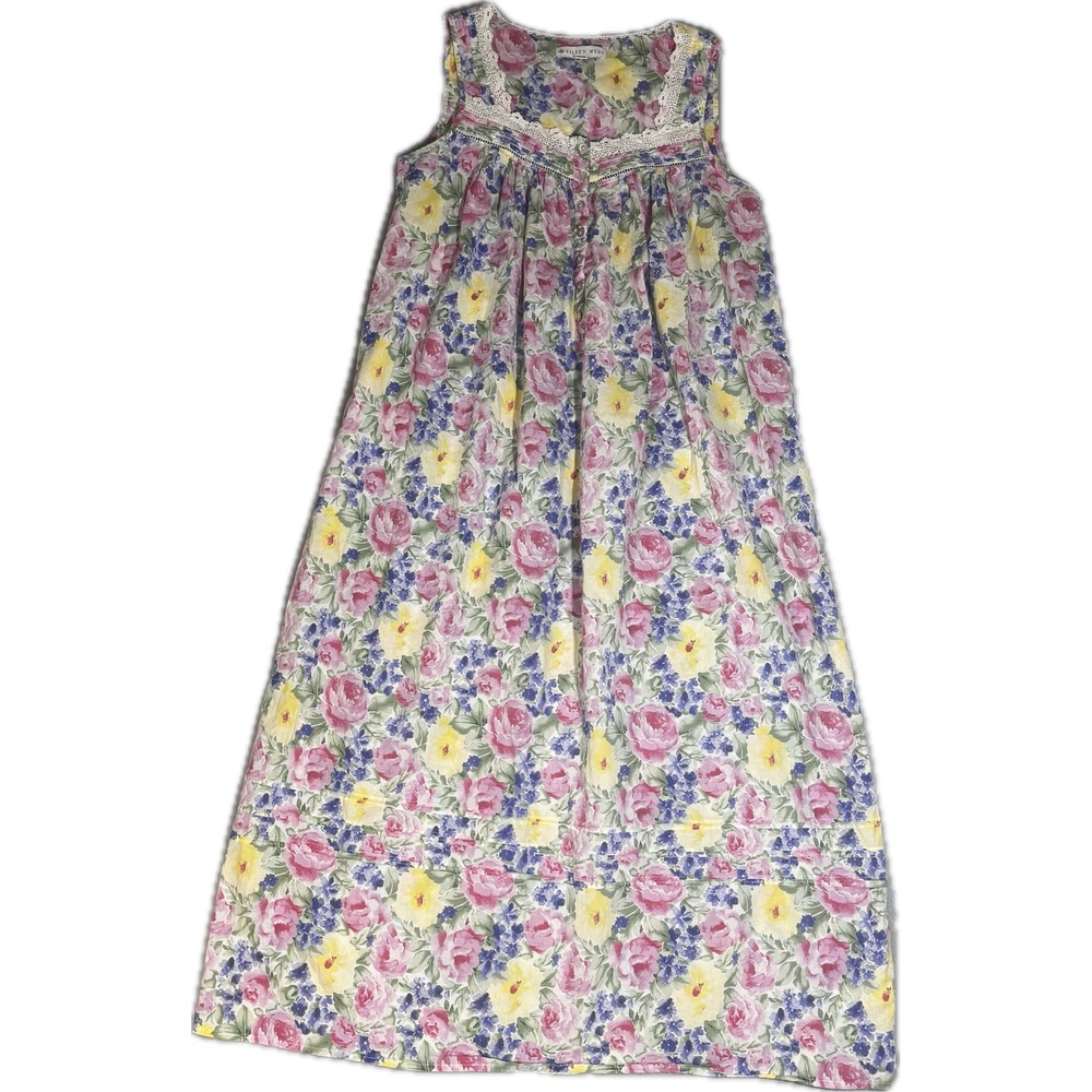 Eileen West Floral Cotton Nightgown Sleeveless Lace Trim Pink Yellow Small